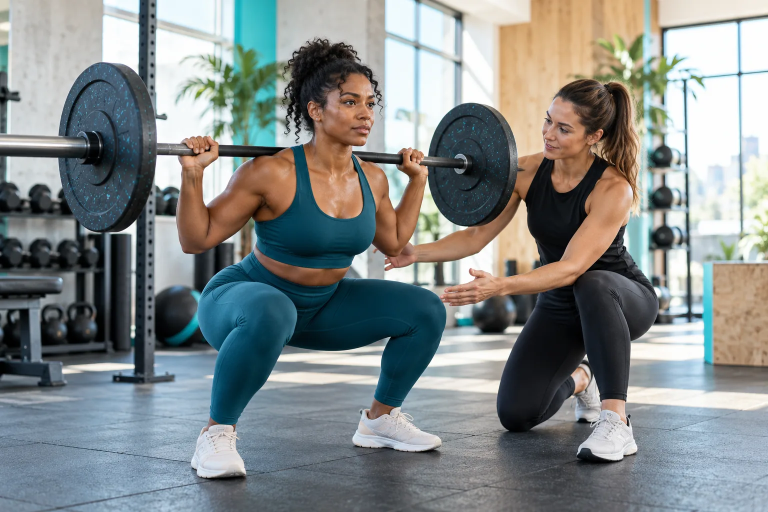 Entrenadora acompaña un ejercicio de fuerza